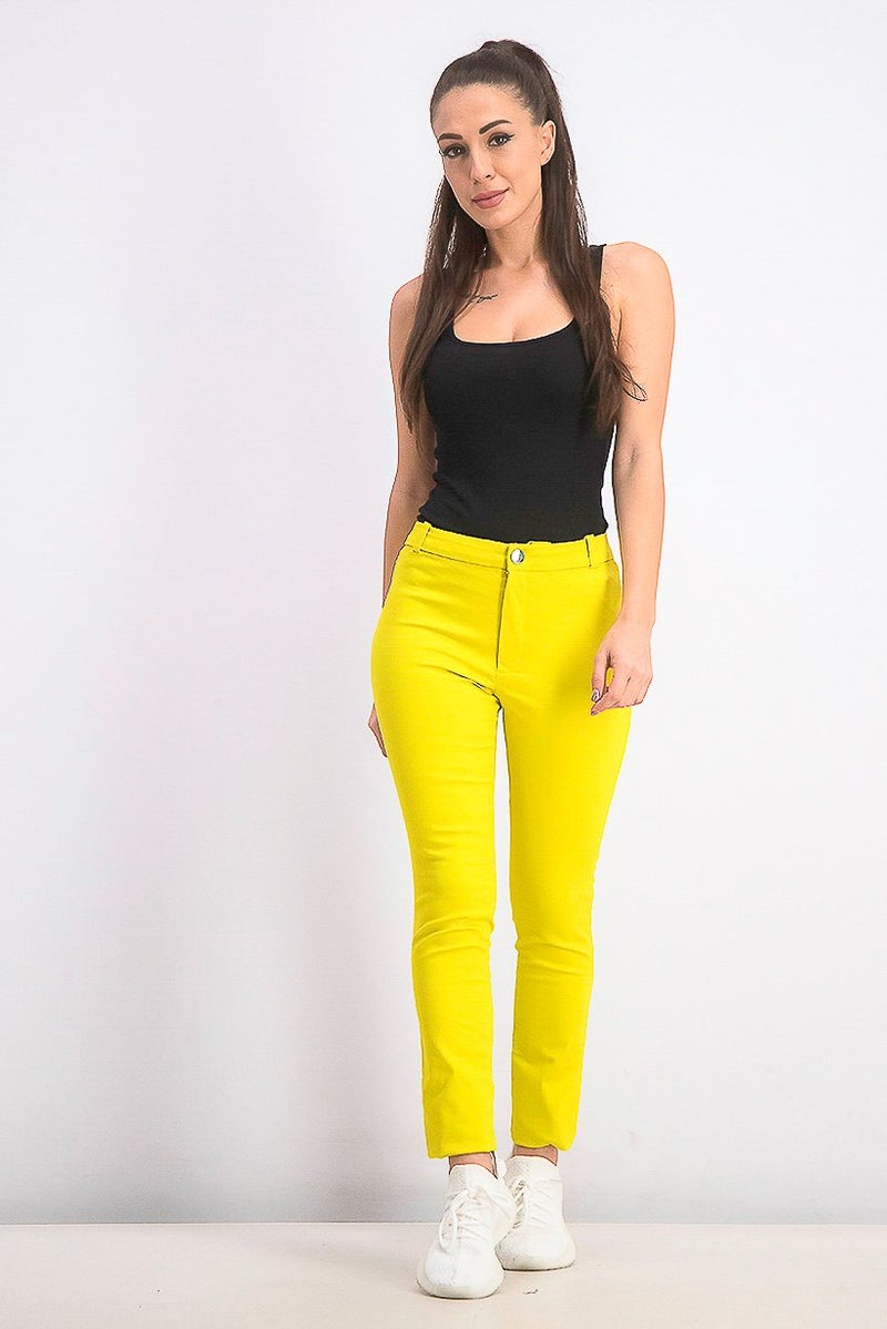 MANGO Women Grass Color Slim Fit Stretch Pant, Neon Yellow - Image 4